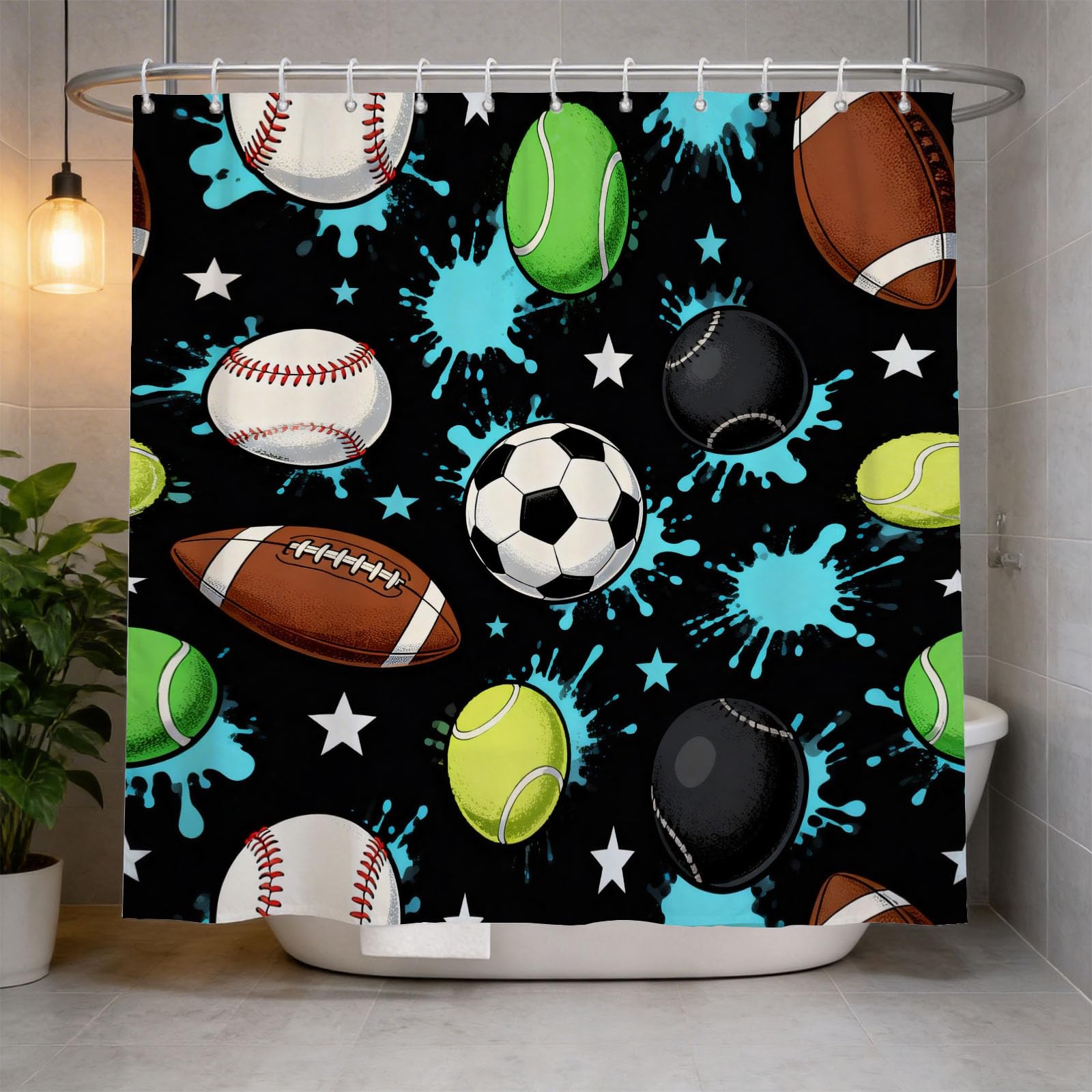 Hongduo 3D Ball Pattern Shower Curtain for Stalls Bathtubs Rugby Tennis Bathroom Decor Shower Curtain Set Polyester Fabric Waterproof 120x180cm/48X71 Inch with Hooks