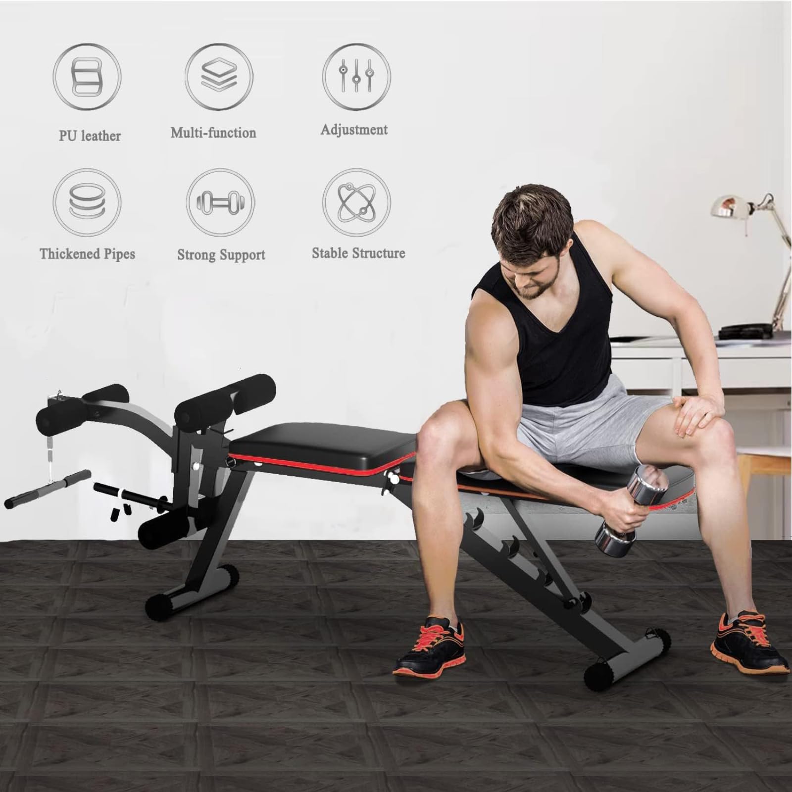 Banco de pesas con extensión de piernas y rizo, banco de entrenamiento ajustable, bancos de declinación inclinada para gimnasio en casa, ejercicio de cuerpo completo y entrenamiento de fuerza