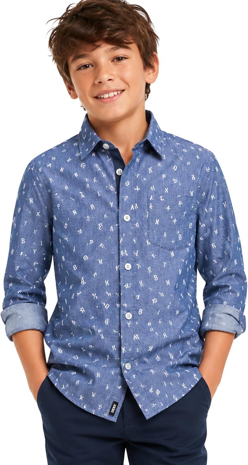 DKNY Boys Button Down Shirt, Woven Collared Long Sleeve Dress Shirt