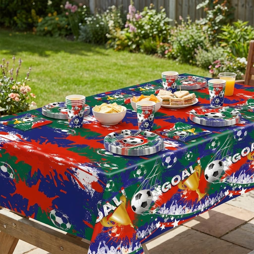 Vajilla fútbol Copa 2026 53 piezas para 16 personas con mantel | Set completo de mesa con platos vasos servilletas y mantel para días de partido eventos deportivos y fiestas