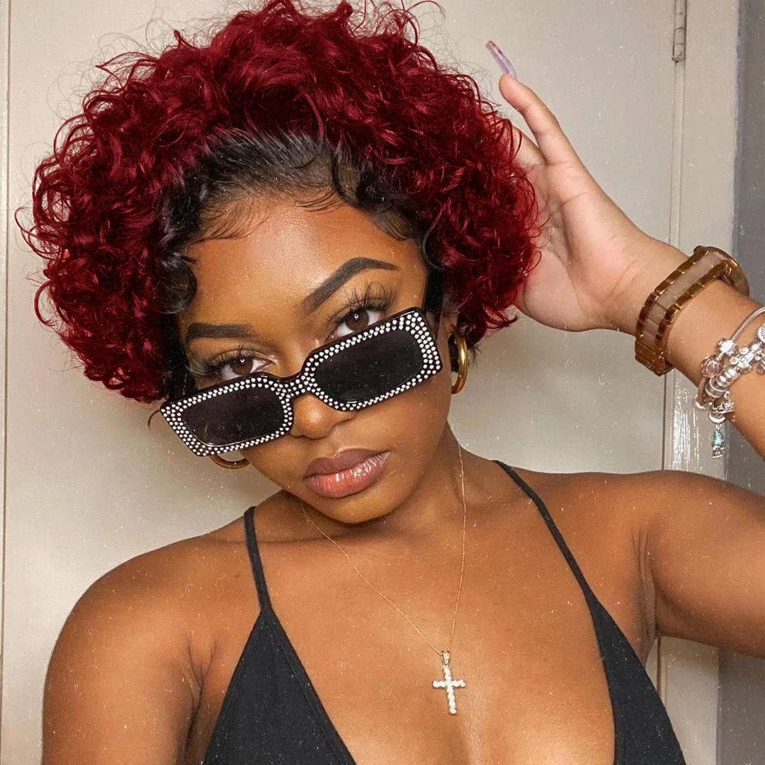 west kissPixie Cut Wig Human Hair Short Curly Wigs For Black Women T1B/99J Burgundy 13x1 Lace Bob Wigs Pixie Cut Wig For Black Women Hair Pre Plucked With Baby Hair 8 Inch