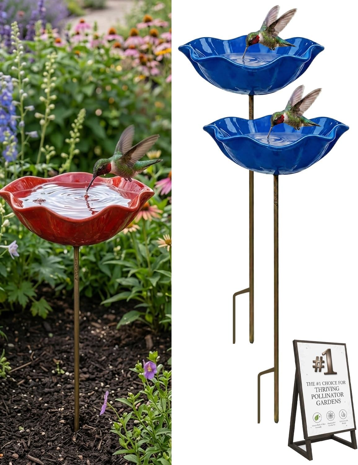 Handmade Metal Flower Garden Stakes with Bird Bath & Bee Pollinator Watering Station Mini Birdbath Decoration Rain Catcher Plant Bed Support Decor Hummingbird Feeder Fountain Bowl for Outdoors(MIX4)