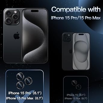 JETech Camera Lens Protector for iPhone 15 Pro/15 Pro Max, Space Black