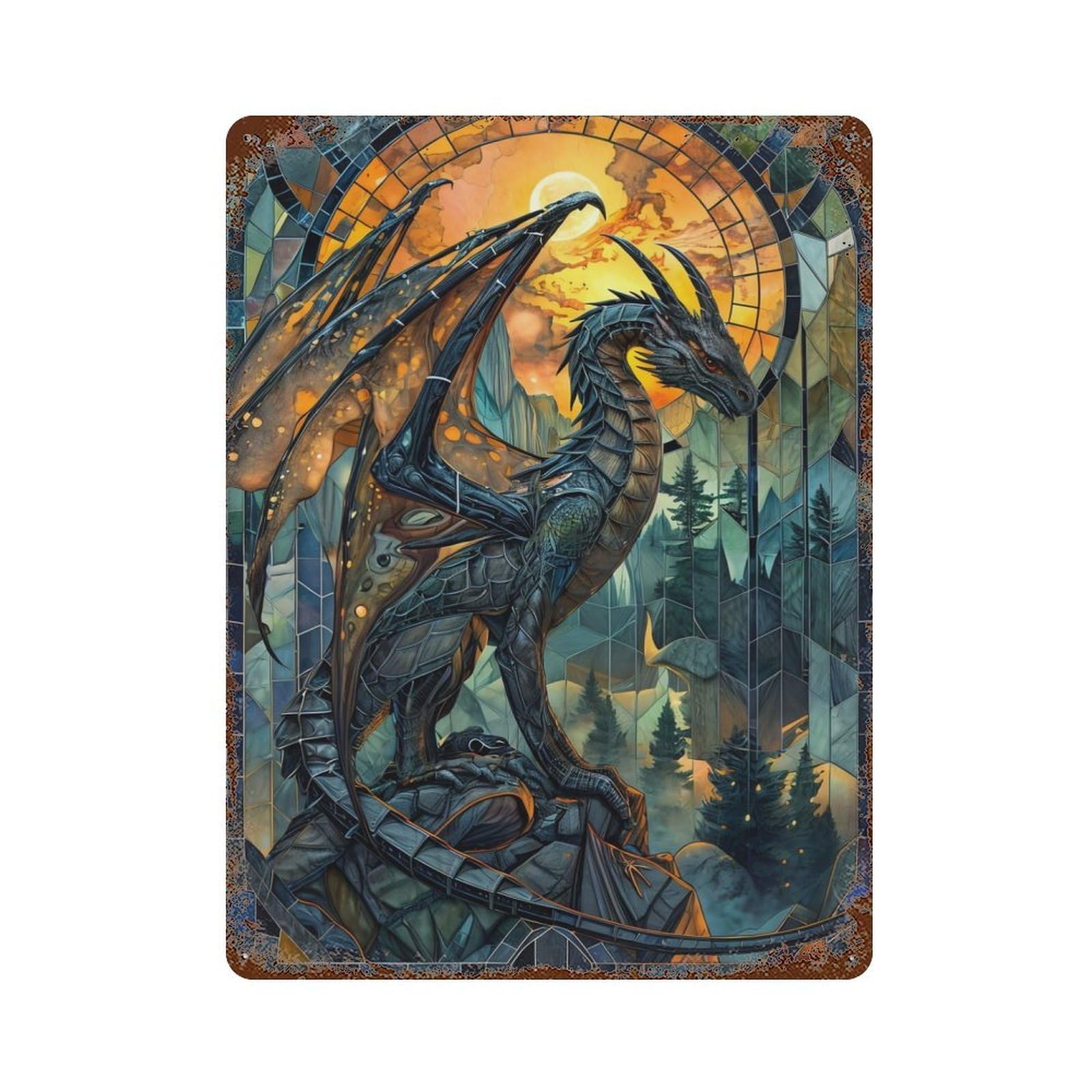 Aged Metal Wall Plaque with Dragon Stained Story Design 15.7"x11.8", for Farmhouse, Kitchen And Entryway Decor, Retro Wall Decor