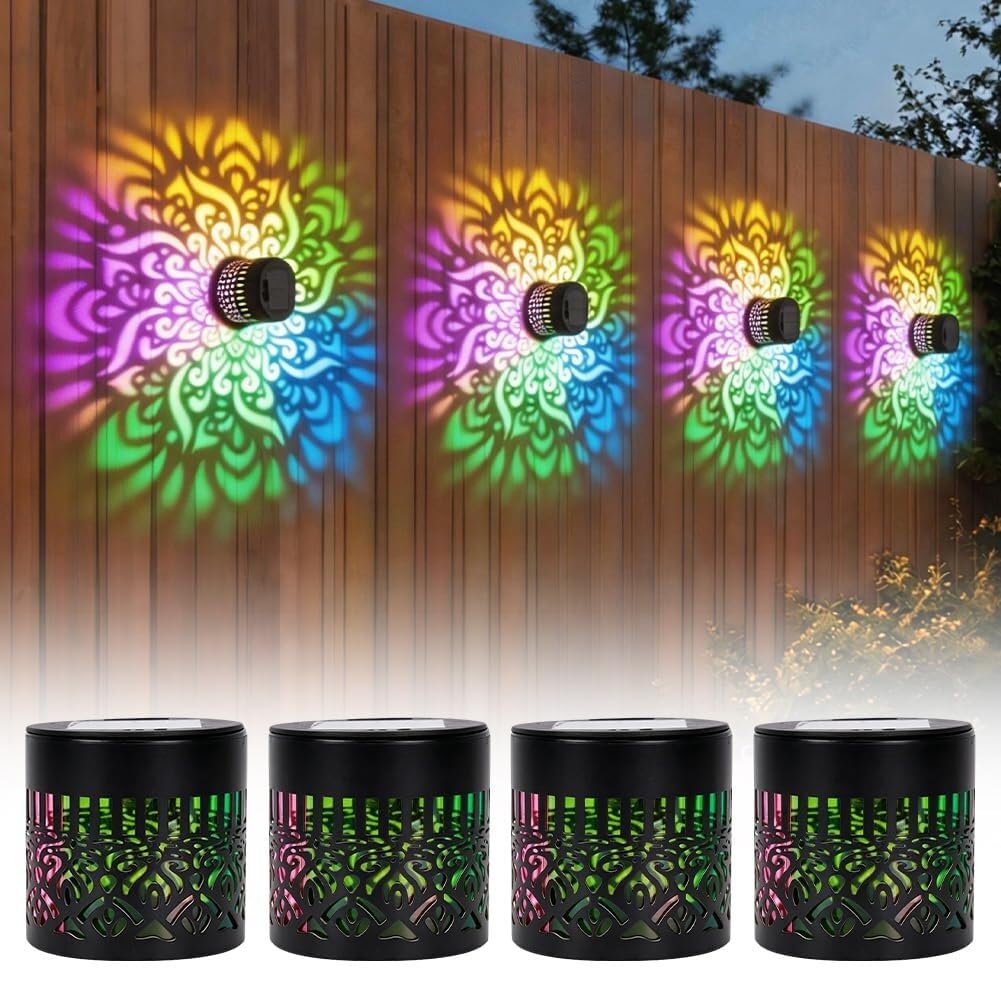 Lámpara solar de pared exterior con proyector multicolor automático para vallas y muros 8