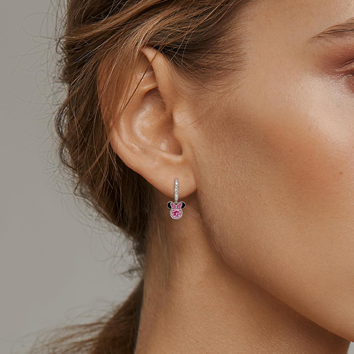 Sterling Silver Pink CZ Mouse Dangle Hoop Earrings - Sparkling Mini Cute Bow Earrings - Minnie Animal Princess Huggie Jewelry Gifts for Women or Daughter Birthday - Image 5
