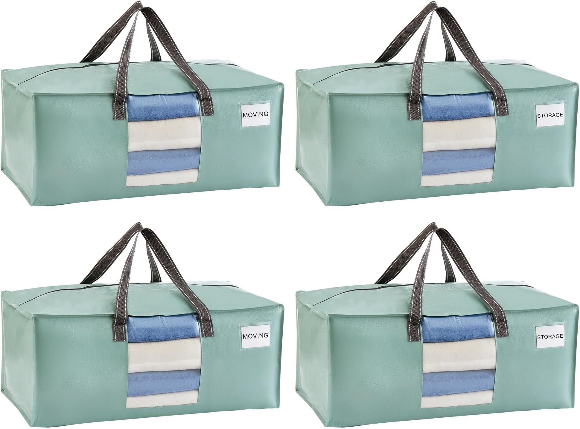 VENO 4 Pack Moving Bags for College, Heavy-Duty Storage Totes, Moving Boxes and Wardrobe Packing Supplies Alternative - Extra Large Durable Laundry Bags for Clothes (Shiny Light Green, 4 Pack)