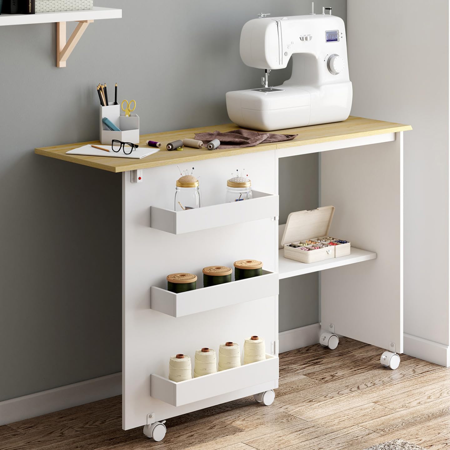 IDMarket - Table de couture pliable à roulettes meuble pour machine à coudre avec 4 étagères