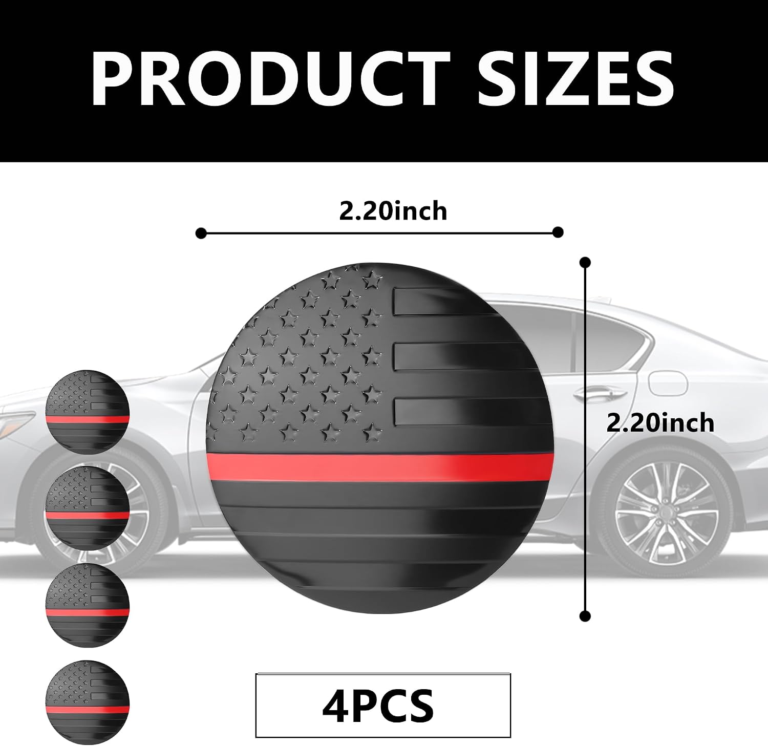 4PCS American Flag Car Wheel Center Caps Sticker,Wheel Hub Caps Sticker Compatible with 56mm/2.2 Inch Wheel Hub Caps,Automotive Exterior Accessories Center Caps for Rims Car Decorations (Black & Red)