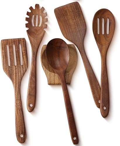 OOZi Juego de cuchara de madera para cocinar, juego de utensilios de madera de acacia de 6 piezas con soporte para cuchara, cucharas antiadherentes