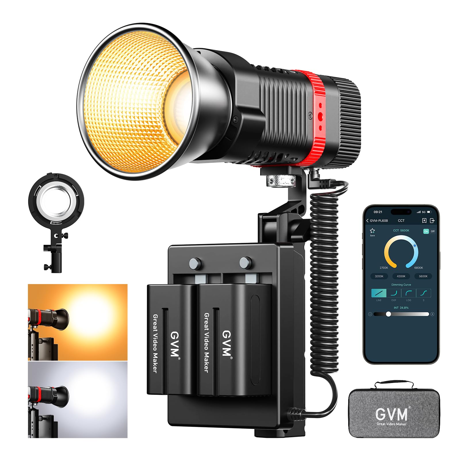 GVM 60W Video Light for COB Studio Lights, Portable Photography Lighting for Recording, Bowen Mount Adapter with Led Video Lighting, 2 Batteries,