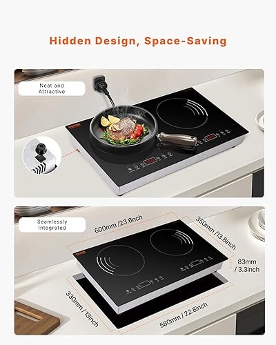 Miniatura 6 de VEVOR Placa de inducción, quemador eléctrico de encimera de 1800 W con 9 ajustes de potencia, estufa de control táctil de 2 quemadores, estufa de