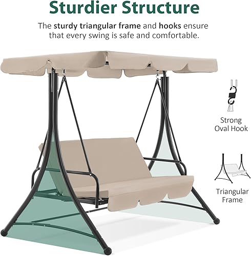 Miniatura 8 de MCombo Columpios de patio de 3 asientos con marco de acero resistente a la intemperie, toldo ajustable, columpio reclinable para porche al aire