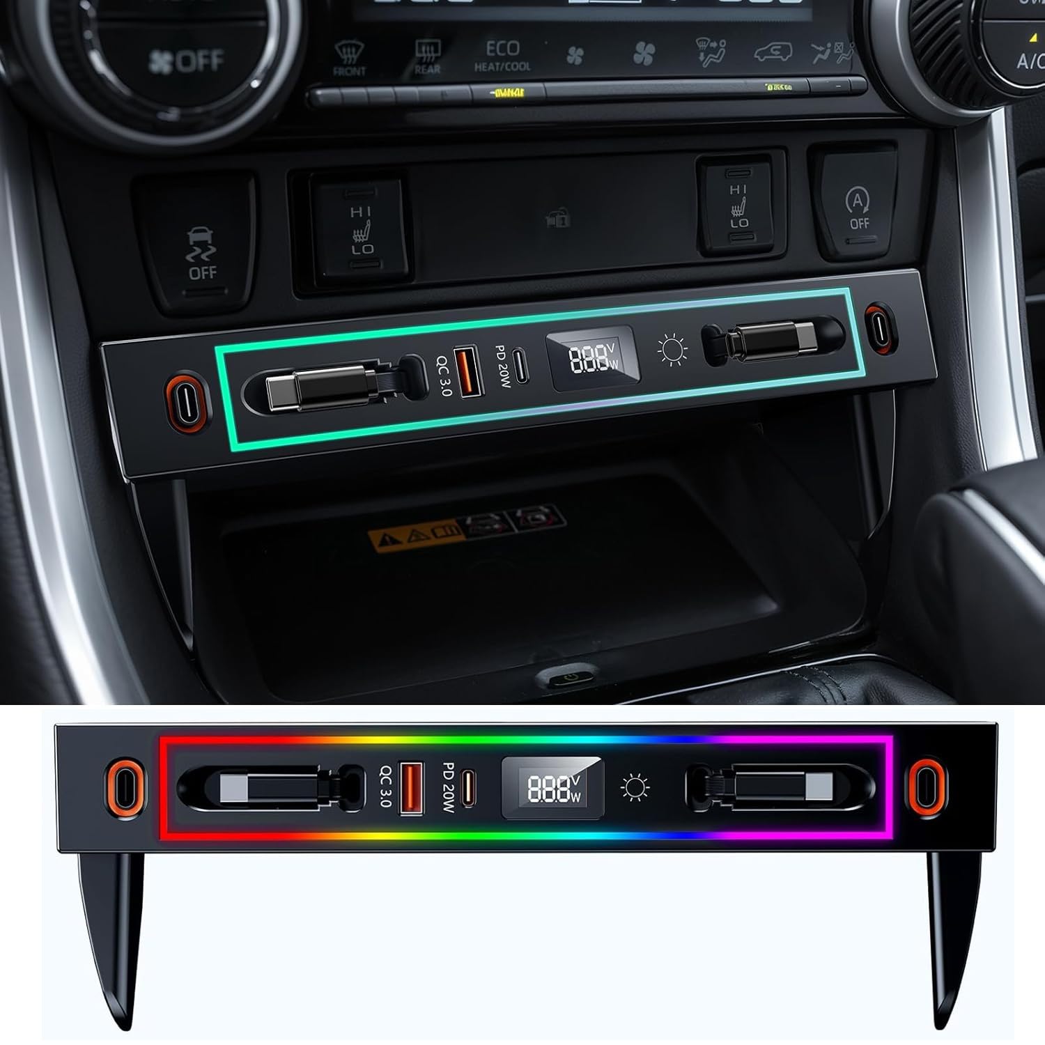 Concentrador USB para Coche Toyota RAV4 2020-2025, Estación de Acoplamiento Retráctil Multipuerto, Cargador Rápido de Teléfono para Consola Central con luz RGB para Toyota RAV4 Accesorios(Black)