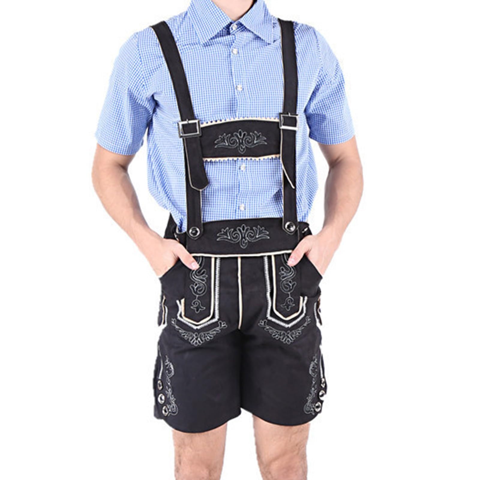 Premium Trachtenhose Herren Kurz Lederhose Herren Tracht Original Trachtenlederhose Lederhosen mit Hosenträger Schwarz Braun Kurze Trachtenlederhosen für Oktoberfest Outfit Trachtenmode