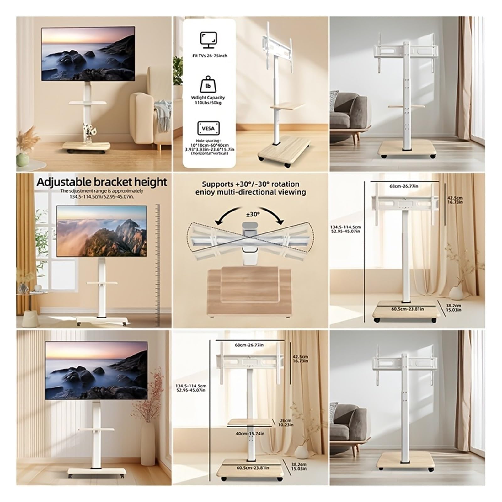 Soporte móvil para TV para televisores de 26"-75" – Rodante con Ruedas bloqueables, Giratorio y Ajustable en Altura para una fácil instalación y colocación del televisor (no Incluye Bandeja)