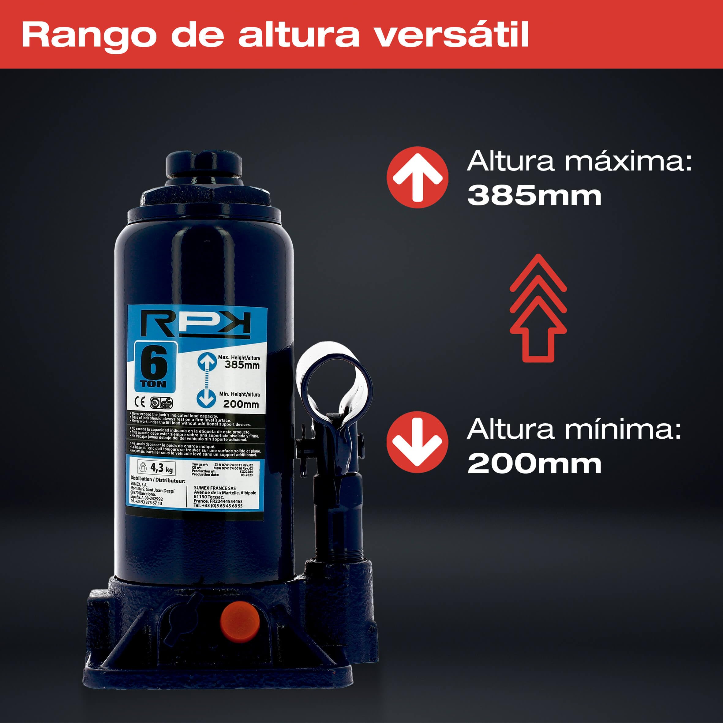 S SUMEX Gato Hidráulico Botella 6 Toneladas Elevador para Coche, SUV, Furgoneta, Camión y Remolque, 6000 kg Homologado
