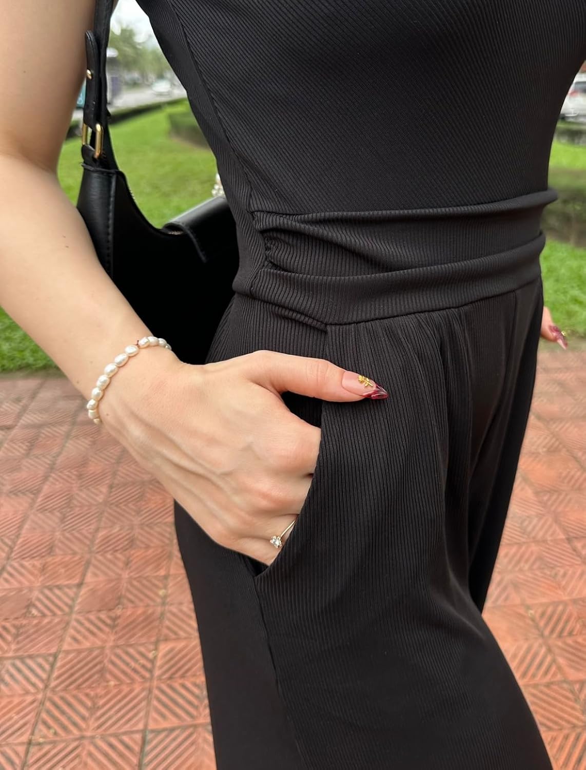 Miusol Women's Casual Sleeveless Mock Neck Ruched Wide Leg Jumpsuit Summer Formal Long Romper with Pockets - Image 6