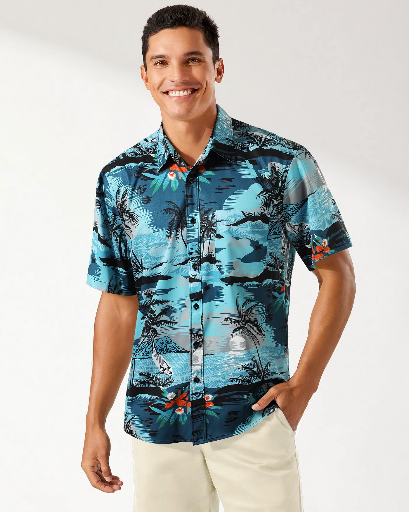 Enlision Camisa Hawaiana Hombre Funky Manga Corta Camisas Hawaianas con Bolsillo Delantero Impresión de Hawaii Playa Flores Piña Palma Hoja Aloha Shirt