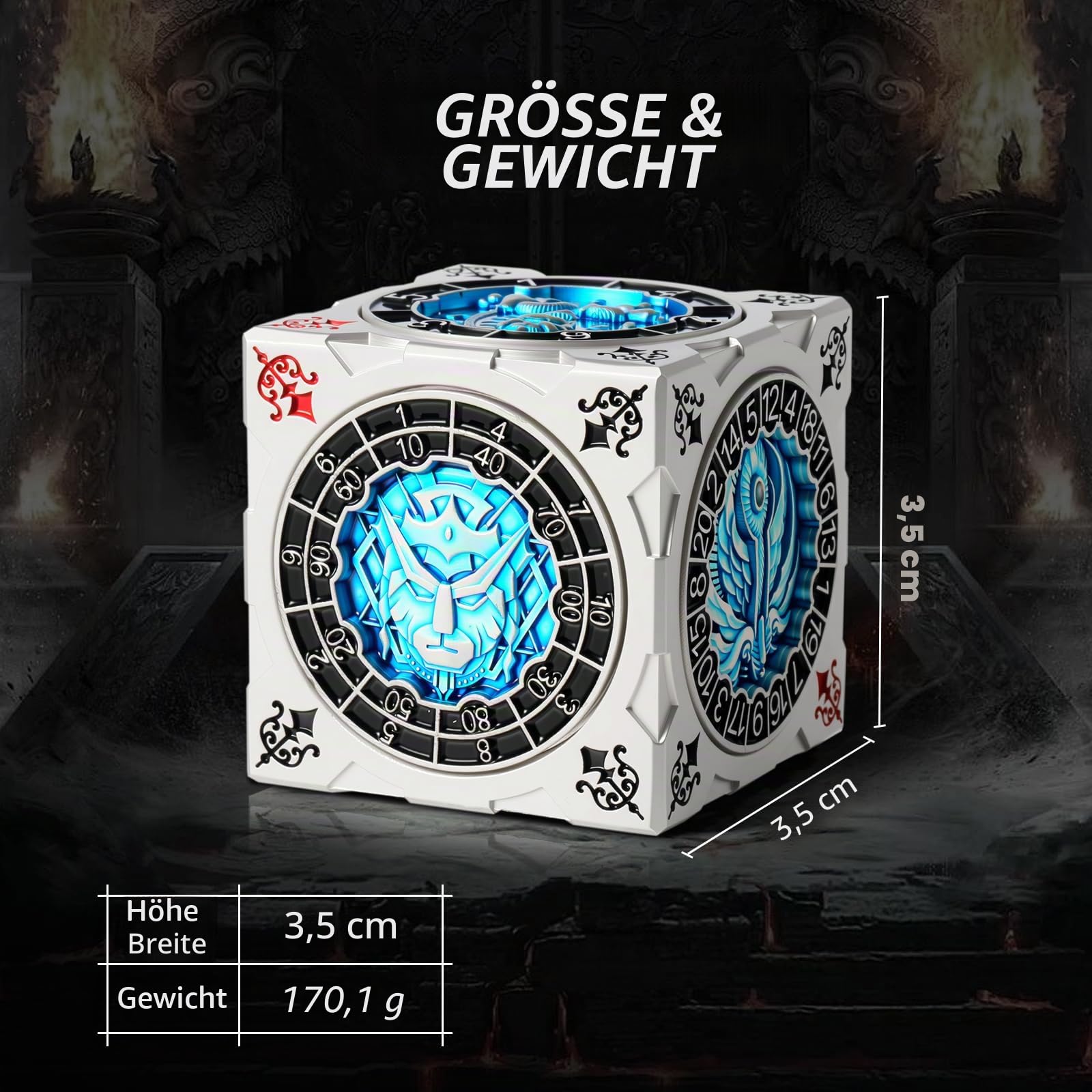 DNDND 7-in-1 Spinner Würfel mit Geschenkbox - Goristro und Couatl Themed D&D Collector's Set für TTRPG, für Dungeon Masters und Spieler (Silber & Blau)