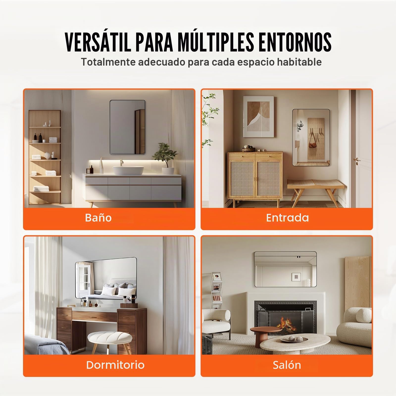 VEVOR Espejo de Pared Espejo de Maquillaje Espejo de Baño 915 x 610 x 25 mm Espejo Rectangular Marco de Aleación de Aluminio Negro con Soporte en Forma de Z para Baño Dormitorio Sala de Estar