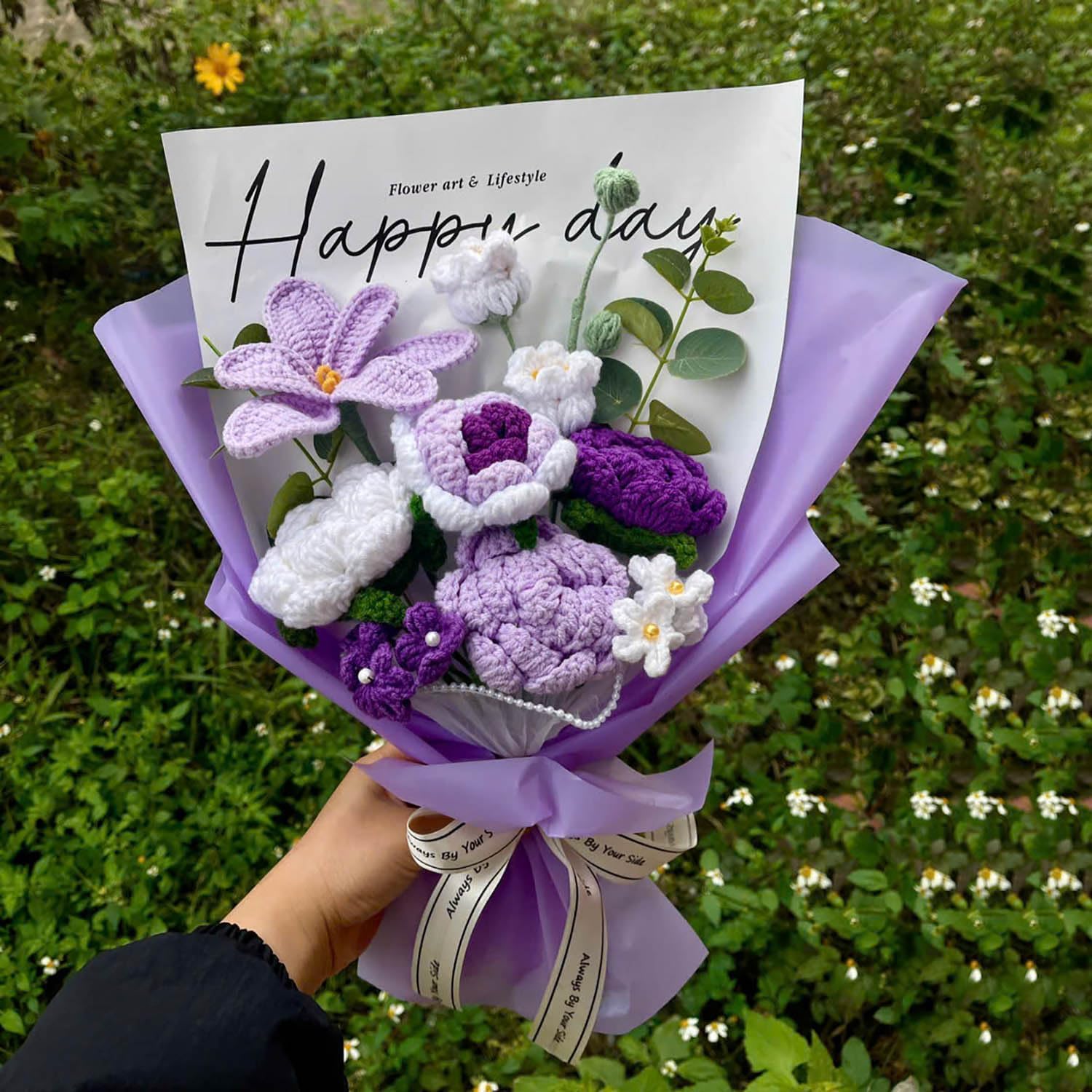 Completed Purple Crochet Flowers Bouquet, Handmade Knitted Bouquet, Crochet Artificial Flowers for Mother's Day Birthday, Wedding Home Decor, Gifts for Mom (Purple Tulip) - Image 3