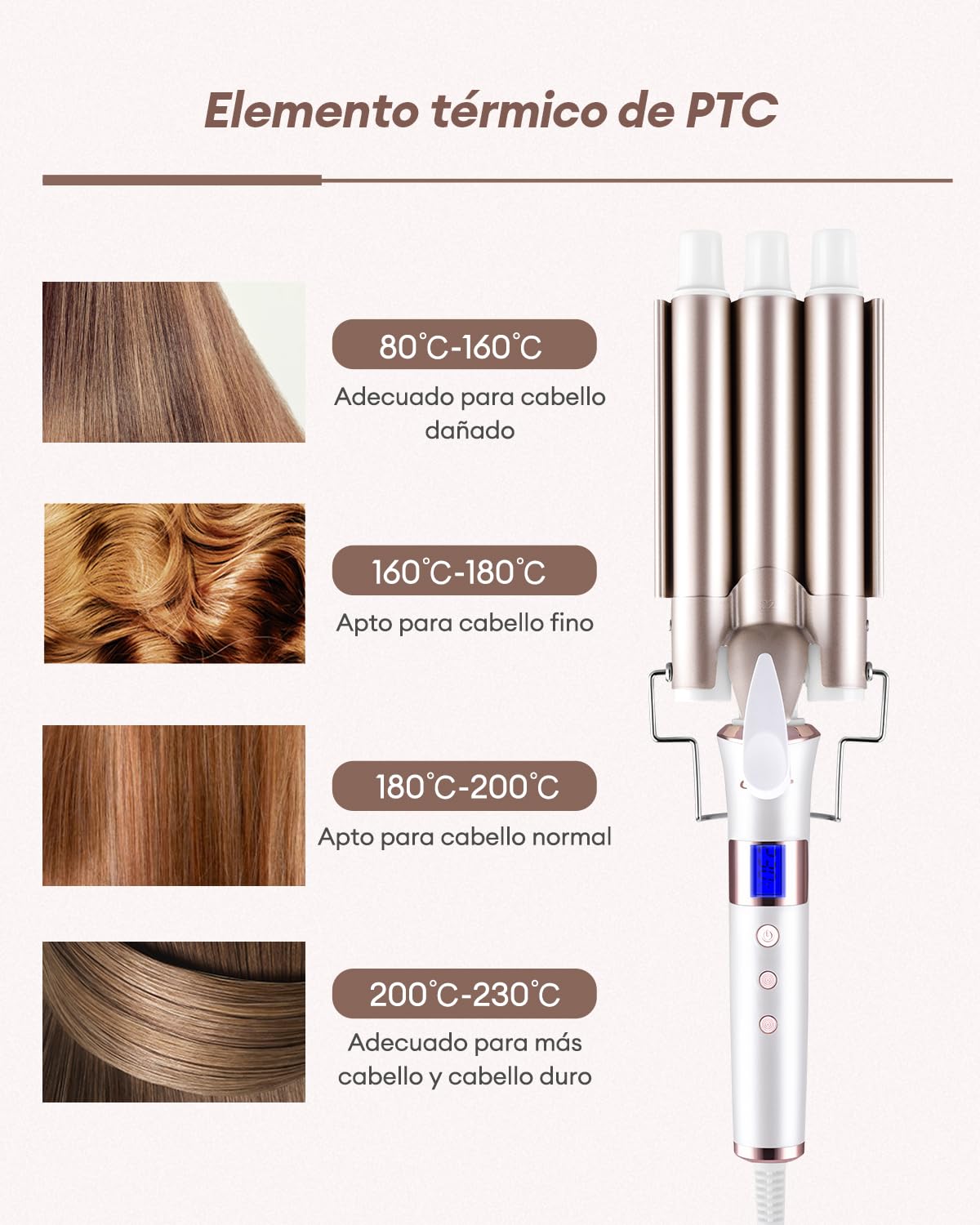 CkeyiN Rizador de Pelo 3 Barriles de 22 mm, Profesional Con Placas de Cerámica de Turmalina, Eléctrico Con Pantalla LCD, Temperatura Ajustable 80℃-230℃, Rosa