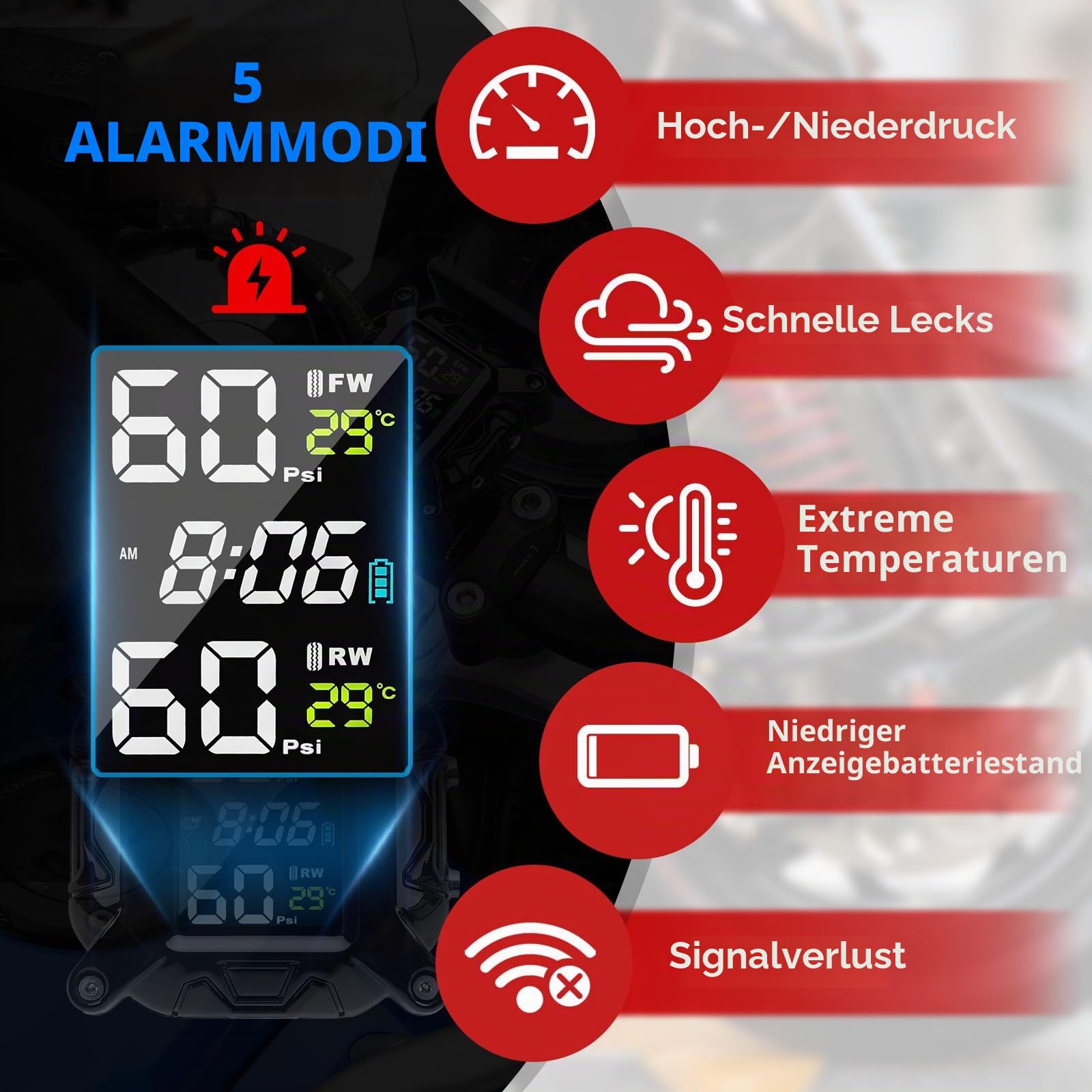 TPMS Motorrad Reifendruckkontrollsystem, Wasserdicht Magnetische/Solar Aufladung, mit 2 Externen Sensoren, für Motorräder, Bike, ATV und Zweirädriges