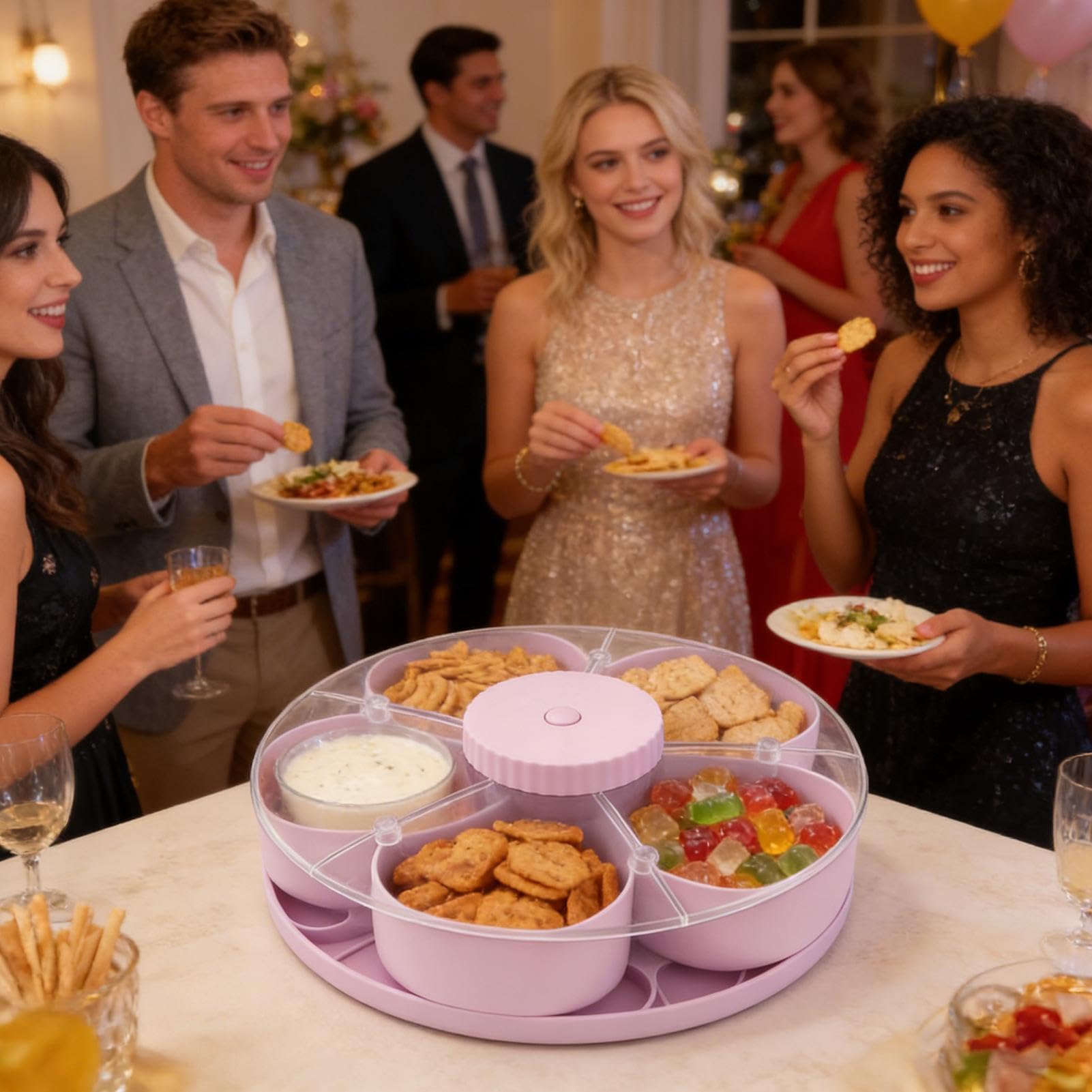 Contenedor De Aperitivos Giratorio Con Tapa Para Servir Ensalada De | Organizador De Snacks Con Compartimentos para Hogar Apartamento Comedor Salón Picnic Jardín Barbacoa Camping