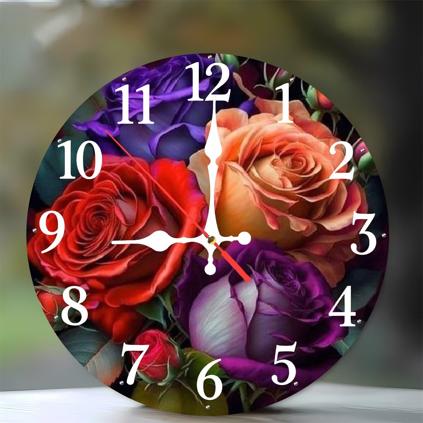 Horloge murale moderne bois silencieuse de 35 cm à motif floral