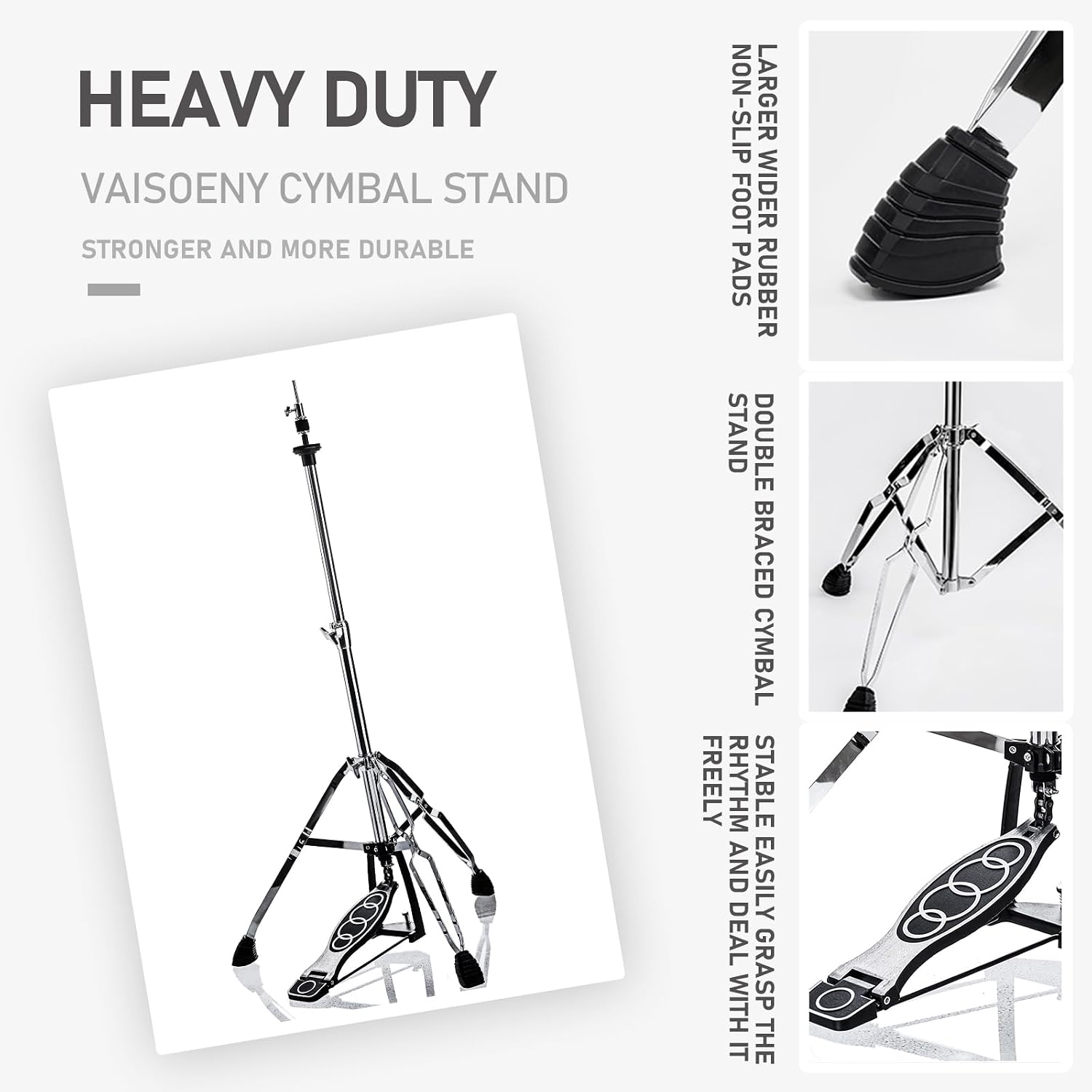 Hi Hat Stand，Three Legs Hi-Hat Stand，Adjustable Height 23.6" to 39.3", Double Braced High Hat Stand with Widened Non-Slip Rubber Feet (V-CC-YQ06)