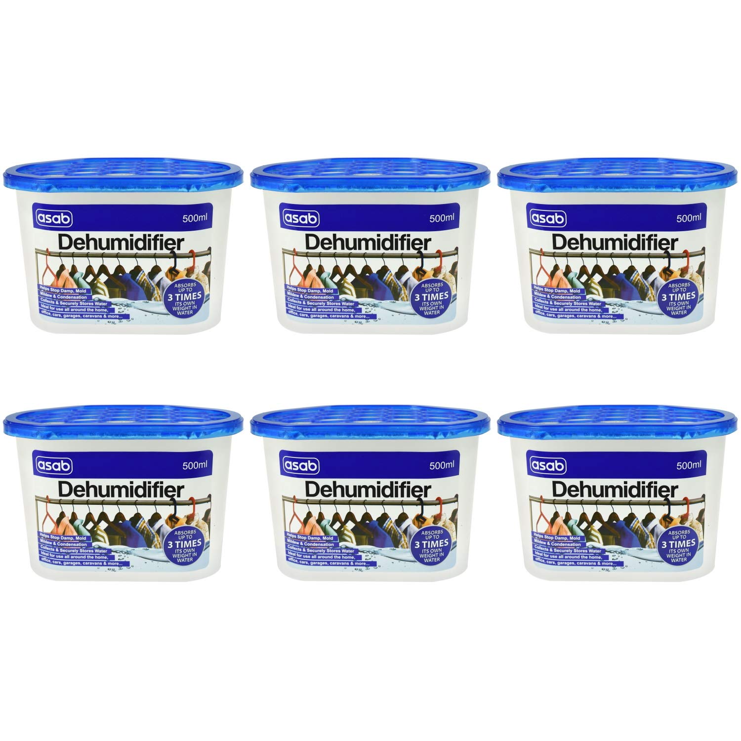 ASAB Moisture Absorber Dehumidifier Boxes 6 Pack, Desiccant Damp Traps with Crystals, Portable Condensation and Humidity Absorbers for Wardrobes, Bedrooms, Bathrooms, Cars and Caravans
