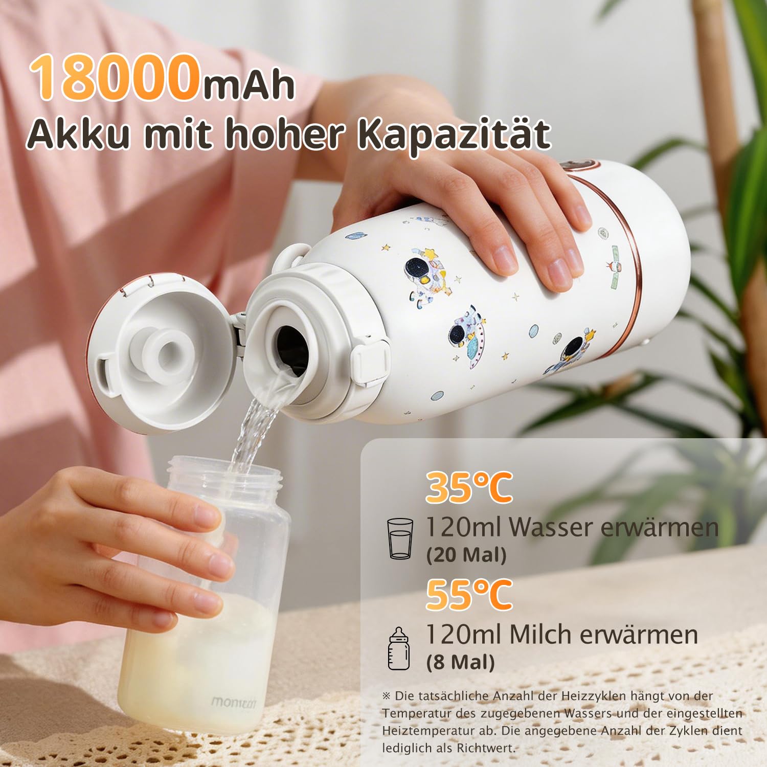 Tragbarer Flaschenwärmer Baby Unterwegs, Baby Erstausstattung Neugeborene | 500ml, 2 Min Aufheizzeit, 18000 mAh, 2H Ricarica rapida, Lang anhaltende Wärmespeicherung 24h, Reise Wasserkocher