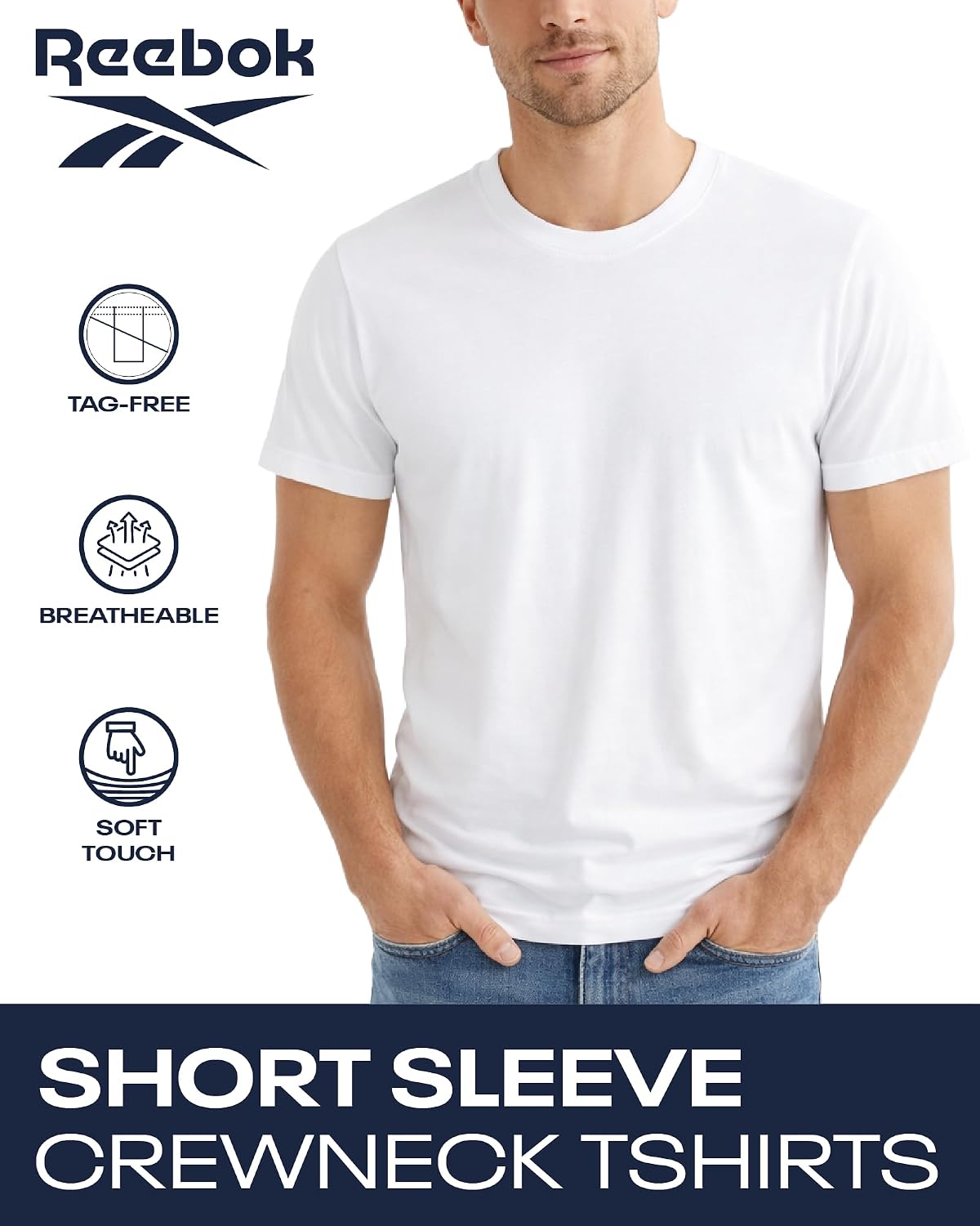 Reebok Mens Undershirts - 5 Pack Super Soft Cotton Crewneck & V Neck Short Sleeve White T Shirts for Men
