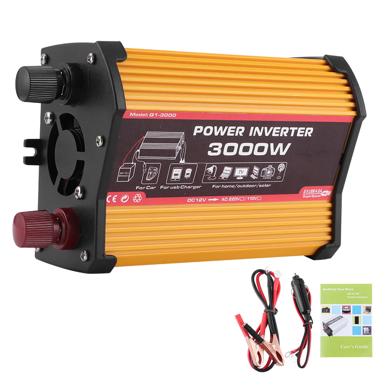 Inversor de Coche Qiilu, inversor de Coche USB Dual Convertidor de Potencia automático Adaptador de Onda sinusoidal modificada de 300 W (12 V a 220 V)