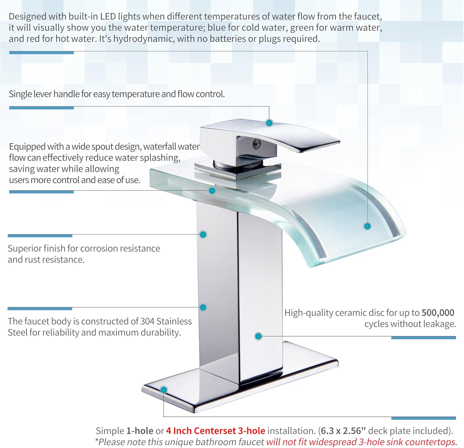LED Bathroom Faucet, Chrome Waterfall Bathroom Sink Faucet, 1 Hole, 4 Inch Centerset, Color-Changing LED Temperature Control Light