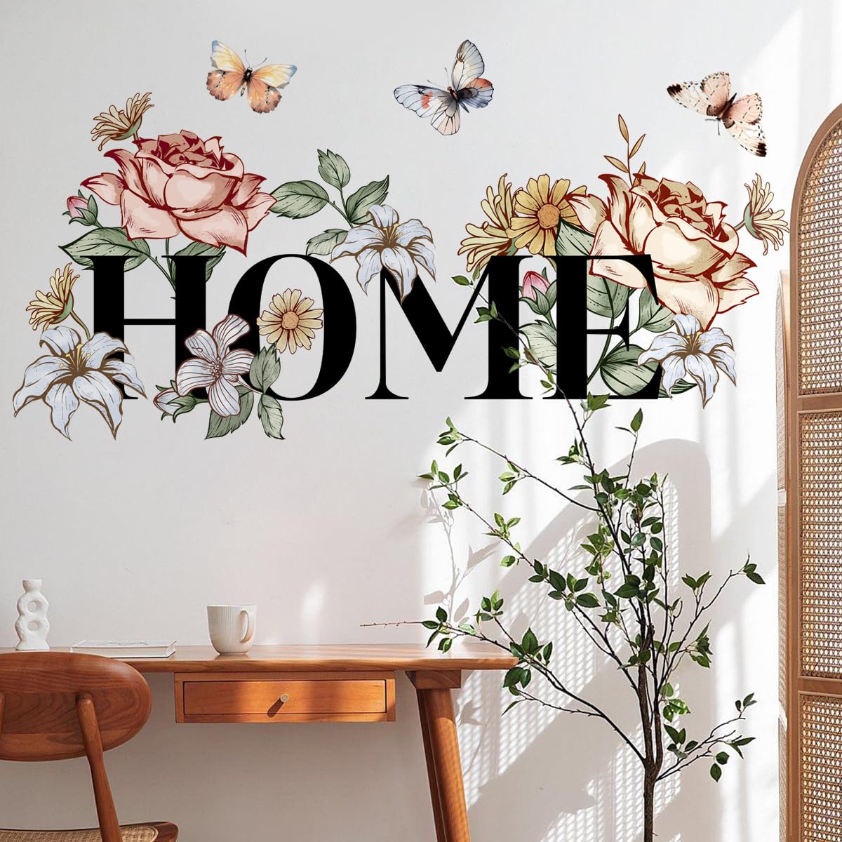 FUFUQUARE Home Letter Wall Stickers Elegant Flowers Butterfly Wall Art Decals Peel and Stick for Home Door Nursery Living Room Bedroom
