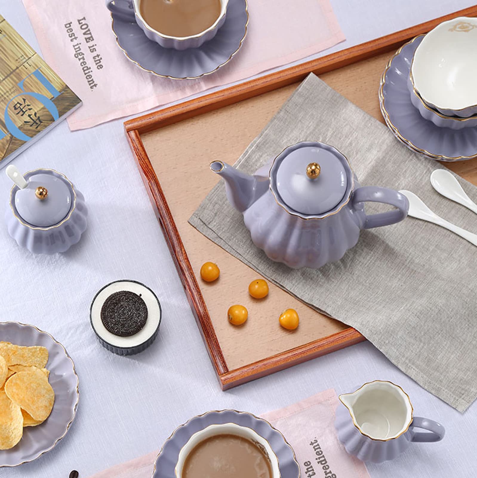 16 Pezzi Set da tè in Porcellana Set da Regalo in Ceramica per caffè E tè Serie Teiera Viola Zuccheriera E Cucchiaini,Purple