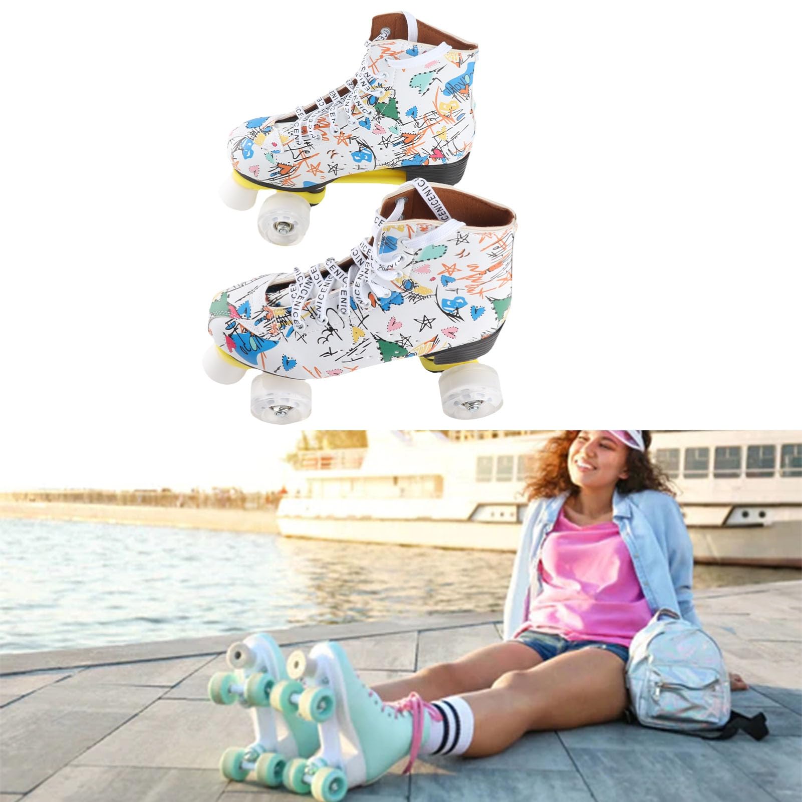 Hidyliu Patins à roulettes à 4 Roues aux Couleurs Vives et Respirants pour S'amuser en Intérieur et en Extérieur, Enfants et Adultes, Graffiti Blanc, Paquet de 2