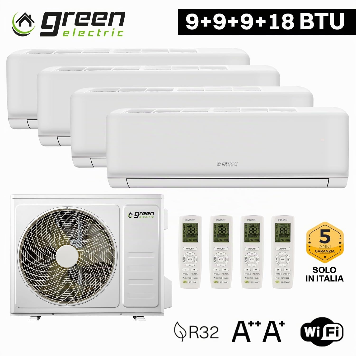Plus Klimaanlage Quadri Split 9000+9000+9000+18000 BTU, Wi-Fi R32, Energieeffizienz A++/A+, 4 Innengeräte und 1 Außengerät, mit Fernbedienung, Geringer Stromverbrauch