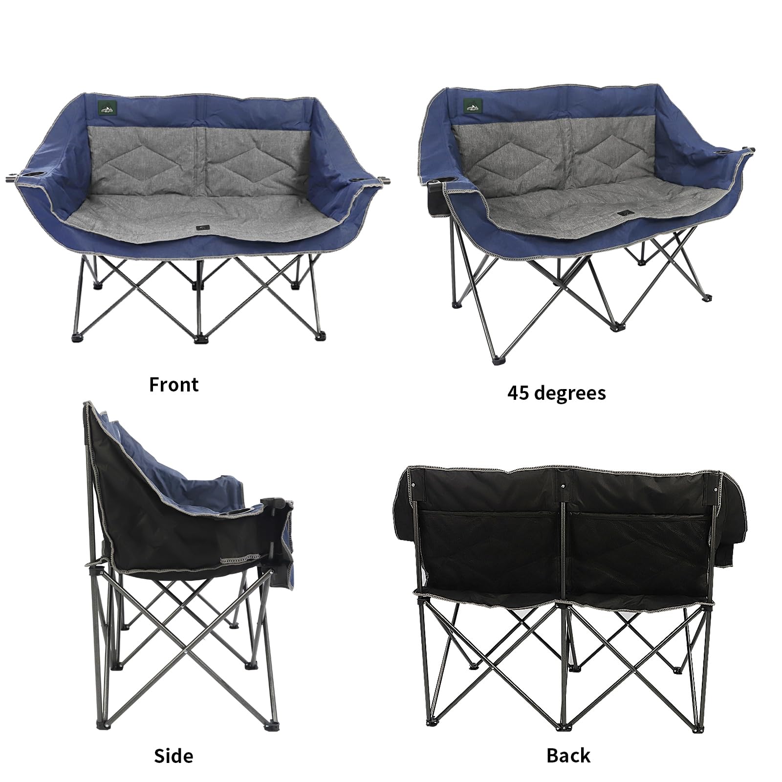 Northroad Chaise de camping pliante portable double Duo entièrement rembourrée pour canapé de 2 personnes avec 2 porte-gobelets, support pour verre à vin, supporte 272,2 kg pour pique-nique, plage,
