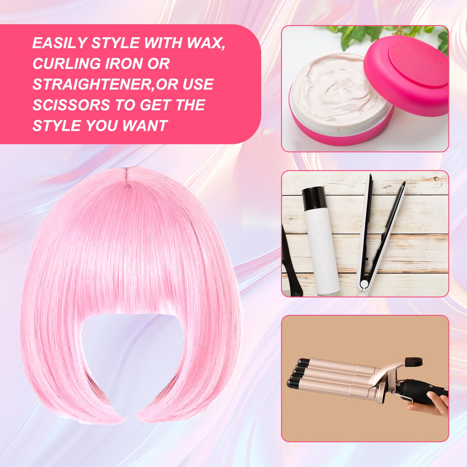 GMHLLES 2 Pcs Bob Wigs for Women Set Pink Wig, Blue Wig with 2 Hair Nets and 2 Heart Glasses for Role-Playing Parties - Image 4