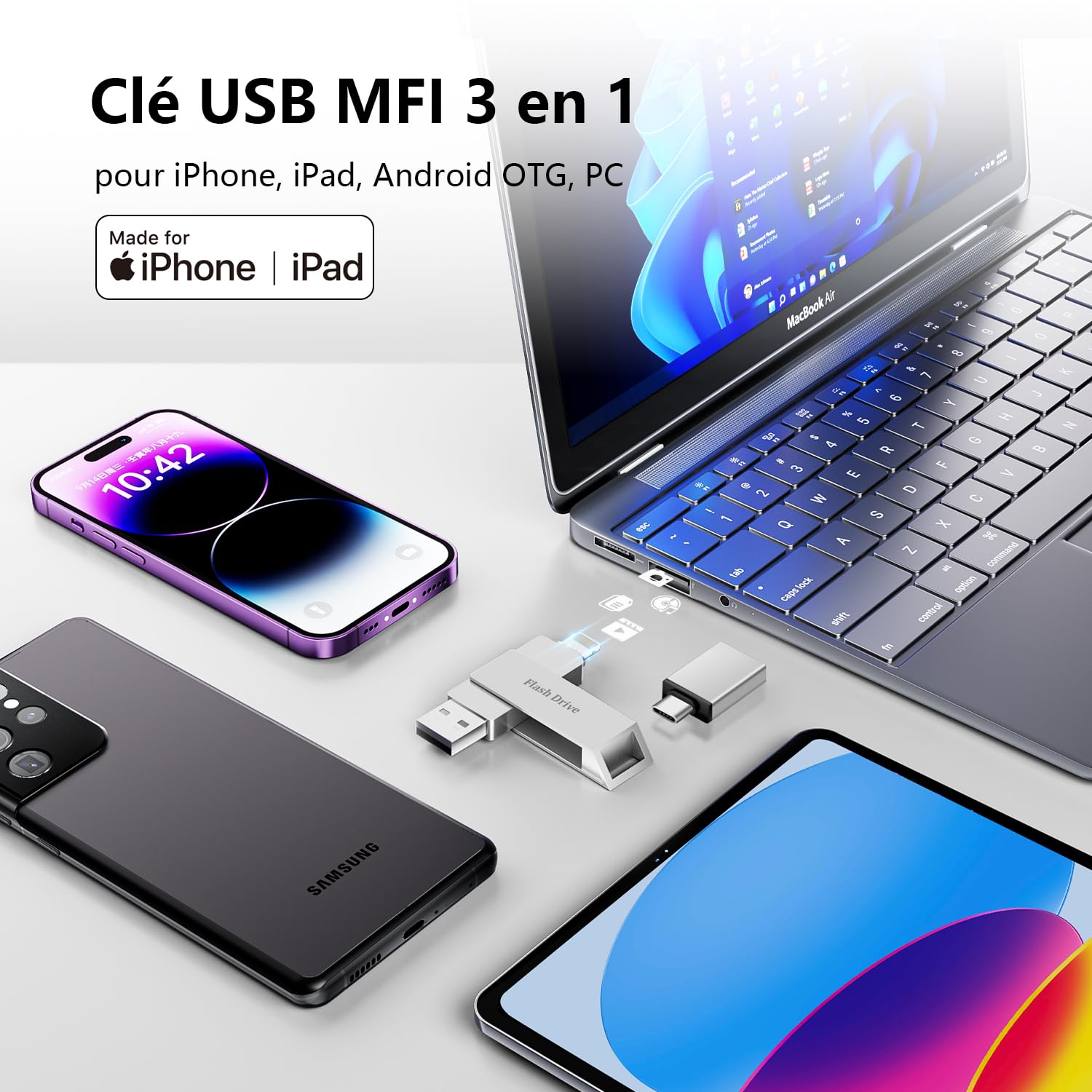 MFi Cle USB 256 Go pour iPhone, Clé USB C, Lightning,Stockage Réel | 3 en 1 Clef USB pour iPhone,iPad,Android OTG Telephone,Mac,PC,Stockage Externe Flash Drive Transfert Photos,Vidéos,Données