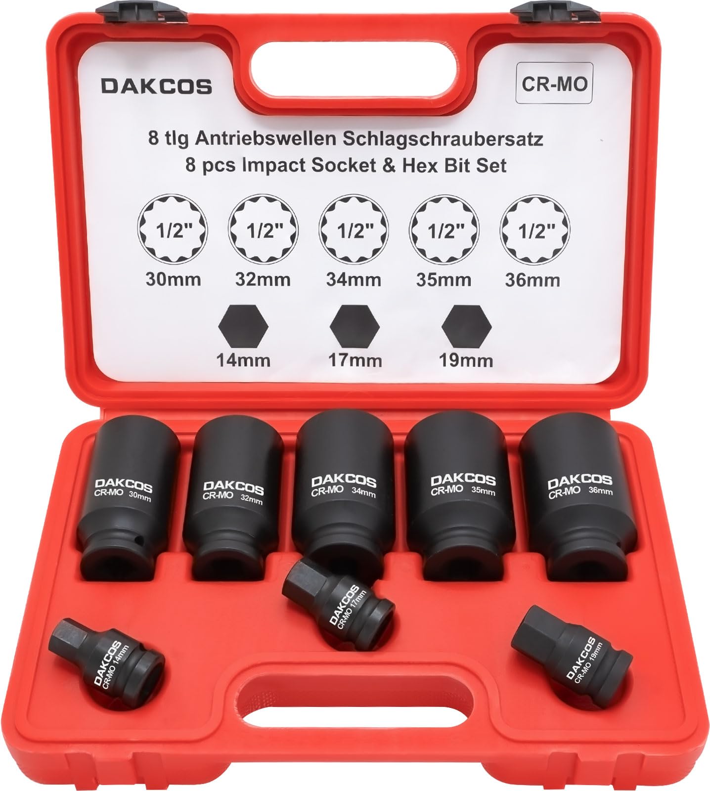 QWORK® 11 Piezas Llaves De Vaso Impacto Profundo De 1/2" Con Adaptador De Dado, Vasos De Impacto Largos 10-24mm