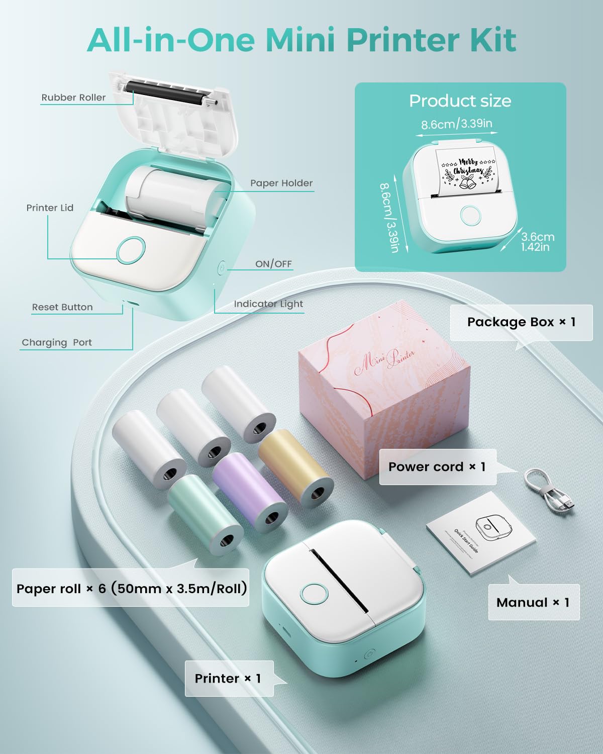 Mini Stampante Portatile, T02 Termo Stampante Mini Bluetooth per Telefono | Stampante Termica Portatile con 6 Rotolo di Carta, Mini Printer per Foto, Appunti, Diari, DIY, Memo, Regalo (Verde)