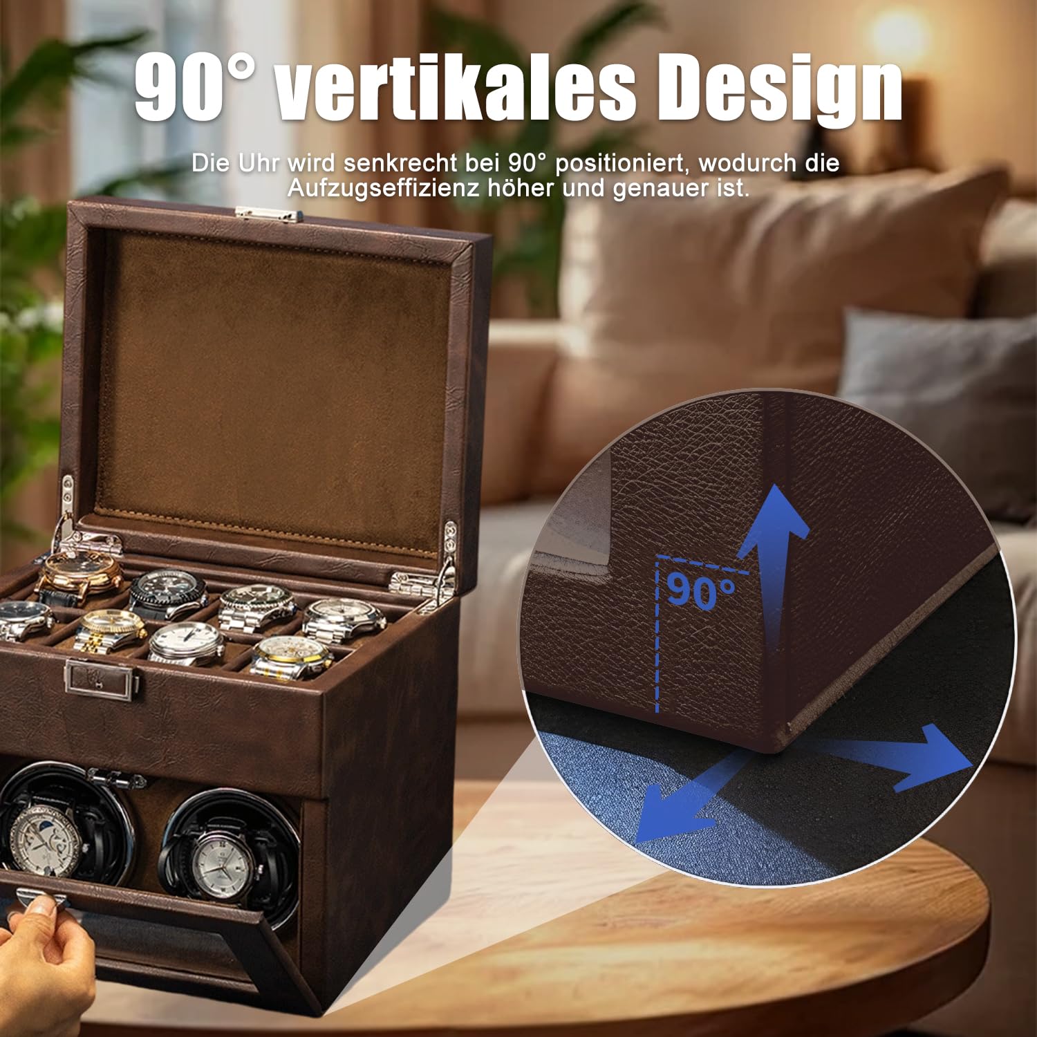 Remontoir automatique pour montres automatiques avec éclairage LED et 8 boîtes de rangement supplémentaires, remontoir automatique avec moteur super silencieux, support de montre réglable