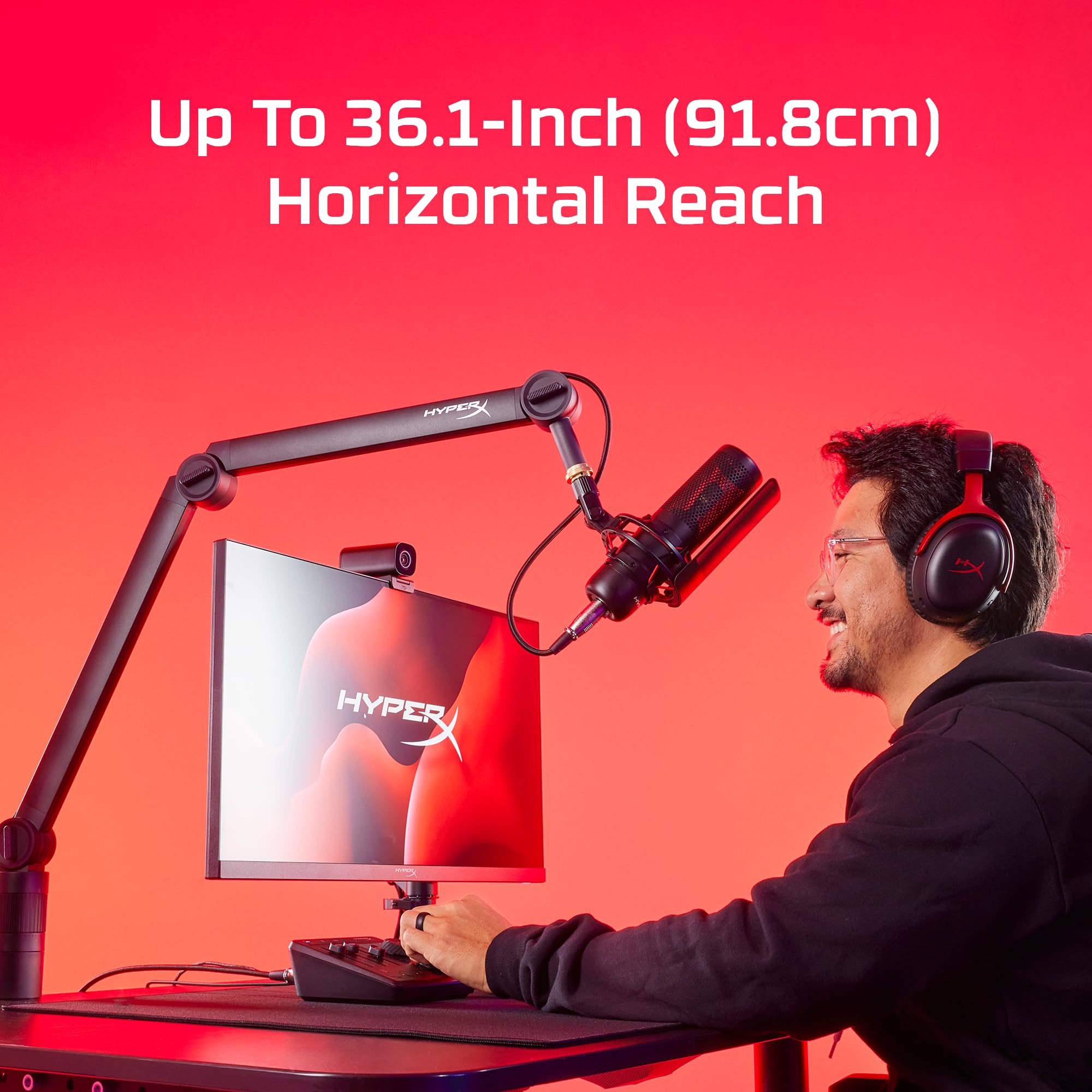 HyperX Caster, Braccio di Supporto per Microfono e Camera da 0,2 kg a 1 kg con Attacco Filettato da 1/4", 3/8" o 5/8", Rotazione a 360°, Cavi Nascondibili al suo Interno, Nero