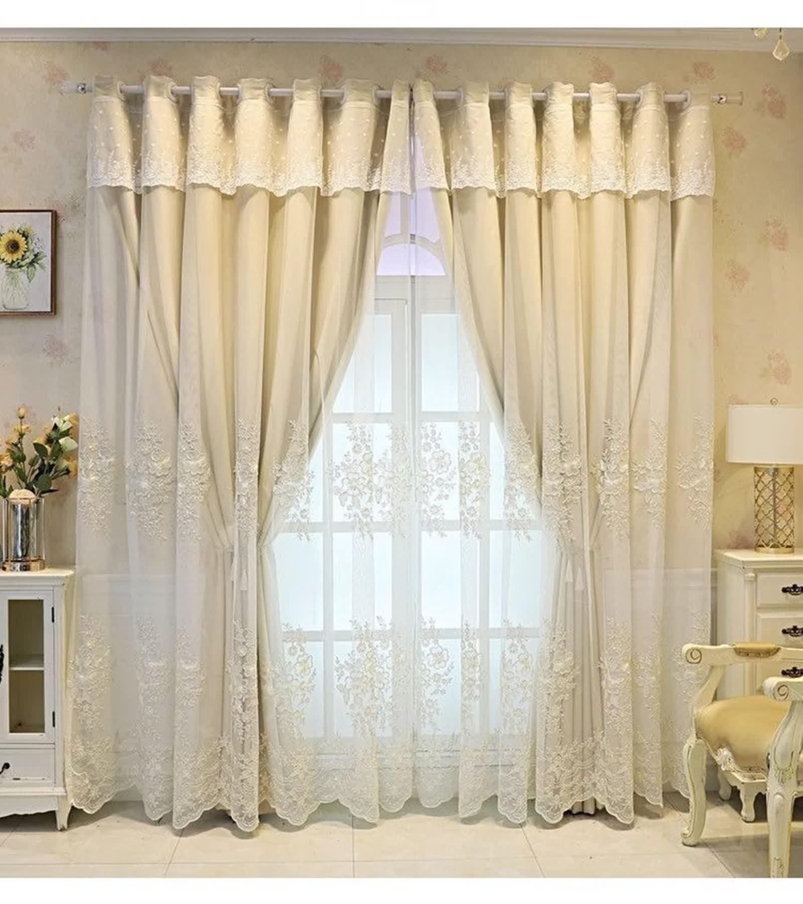 Rideaux Fenetre Chambre Lot de 2, Rideau Beige Occultant Polyester Coton Broderie en Dentelle Double Couche LxH 107x138cm