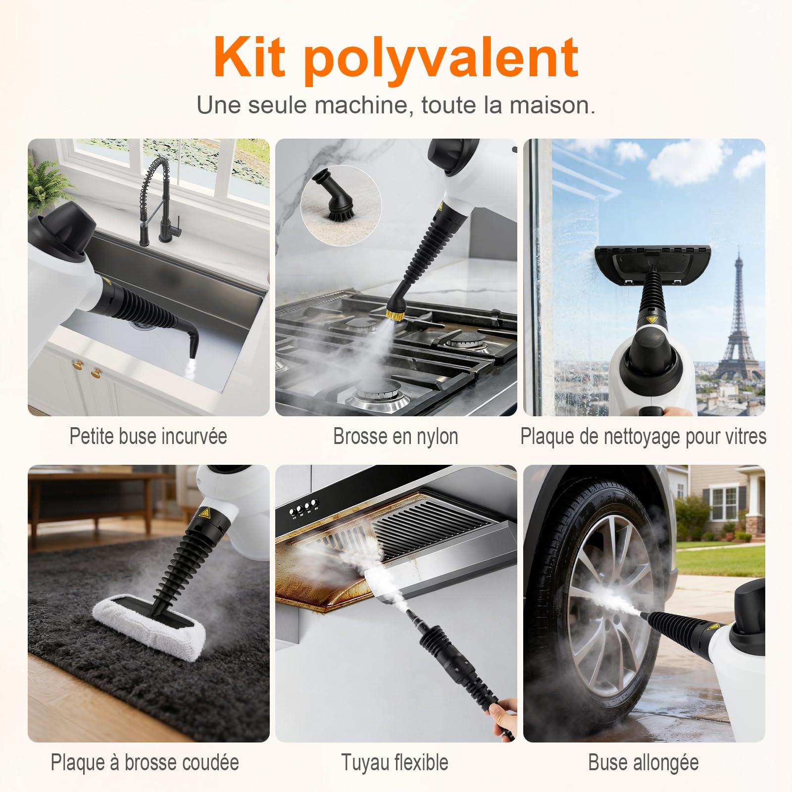 Ibergrif Nettoyeur Vapeur Portatif, 1050W avec 12 Accessoires, 3 Bar Haute Pression, Solution Sans Produits Chimiques, pour Canapé, Cuisine, Joints et Vitres, 350ml, Blanc