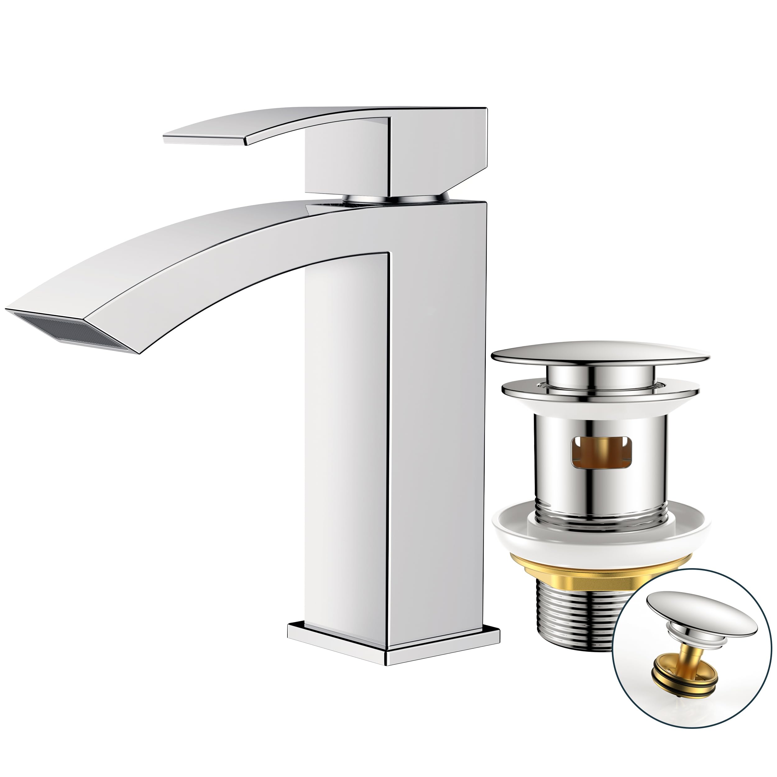 FORIOUS Wasserhahn Bad mit Ablaufgarnitur, Wasserfall Waschtischarmatur, Mischbatterie Armatur Badezimmer, Gitterauslauf, Energiesparend & Wassersparend